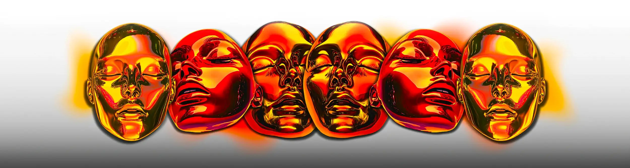 Five glossy, metallic masks with a gradient of fiery orange and gold hues.